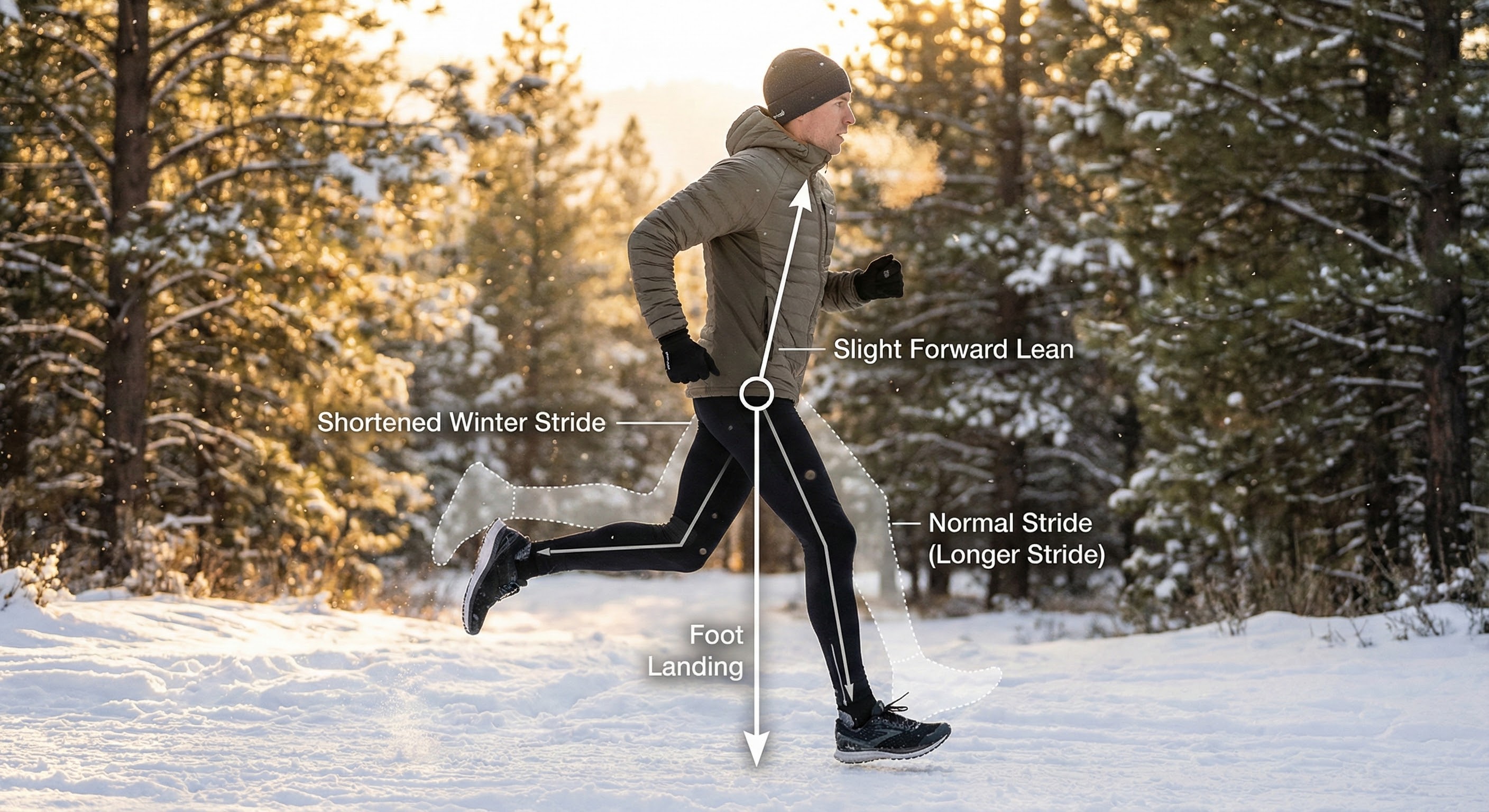 Runner demonstrating proper short stride technique on a snowy trail with overlaid form cues
