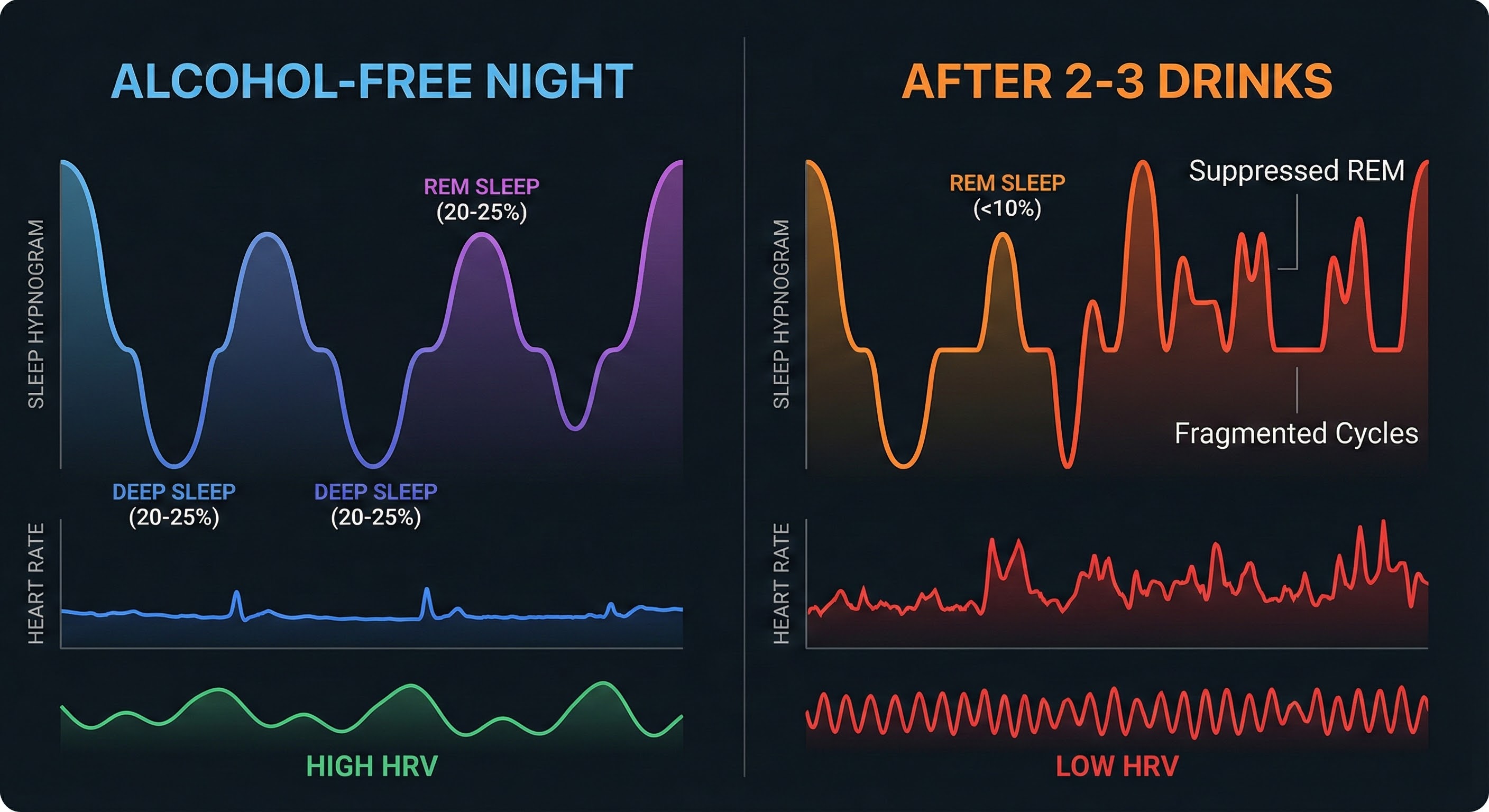 Split visualization showing sleep stages with and without alcohol