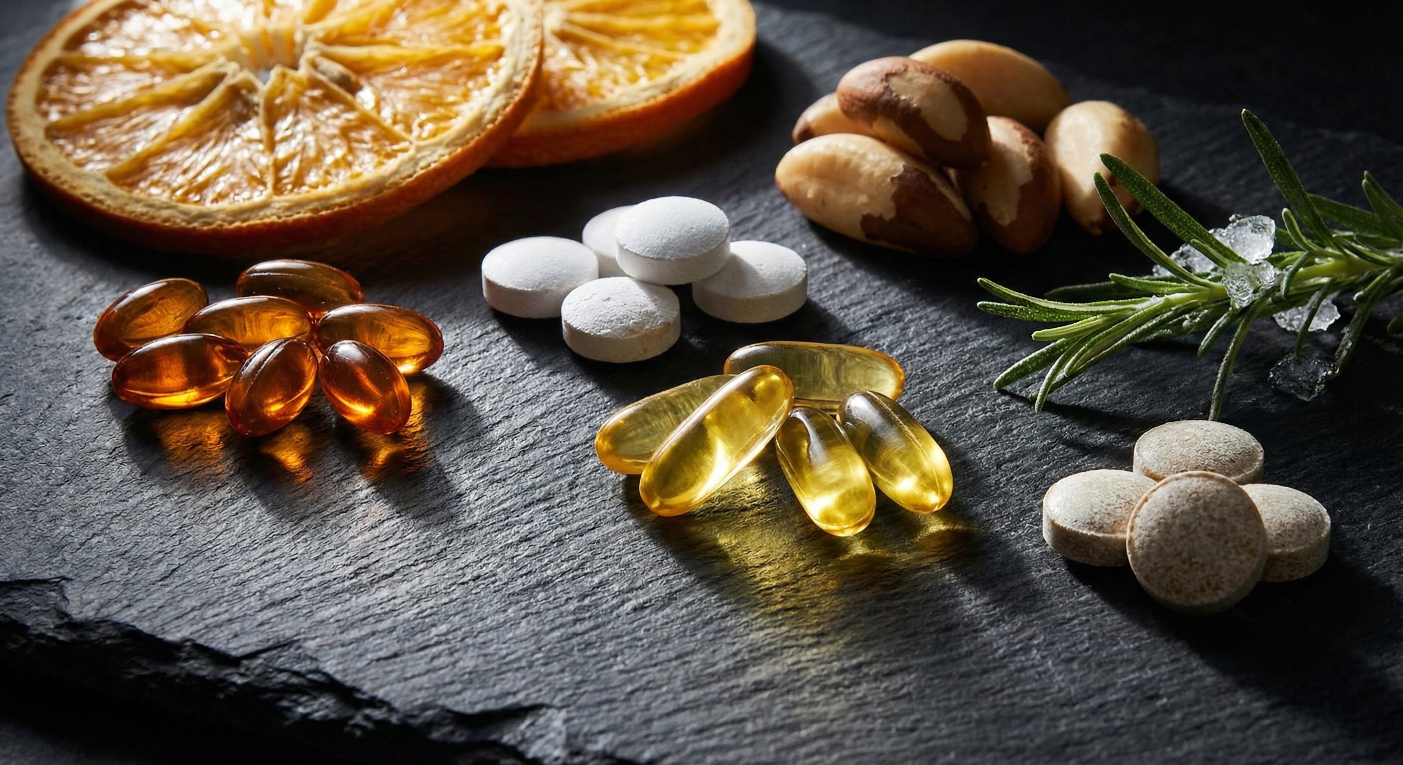 Assortment of vitamin supplements and winter foods on a dark surface