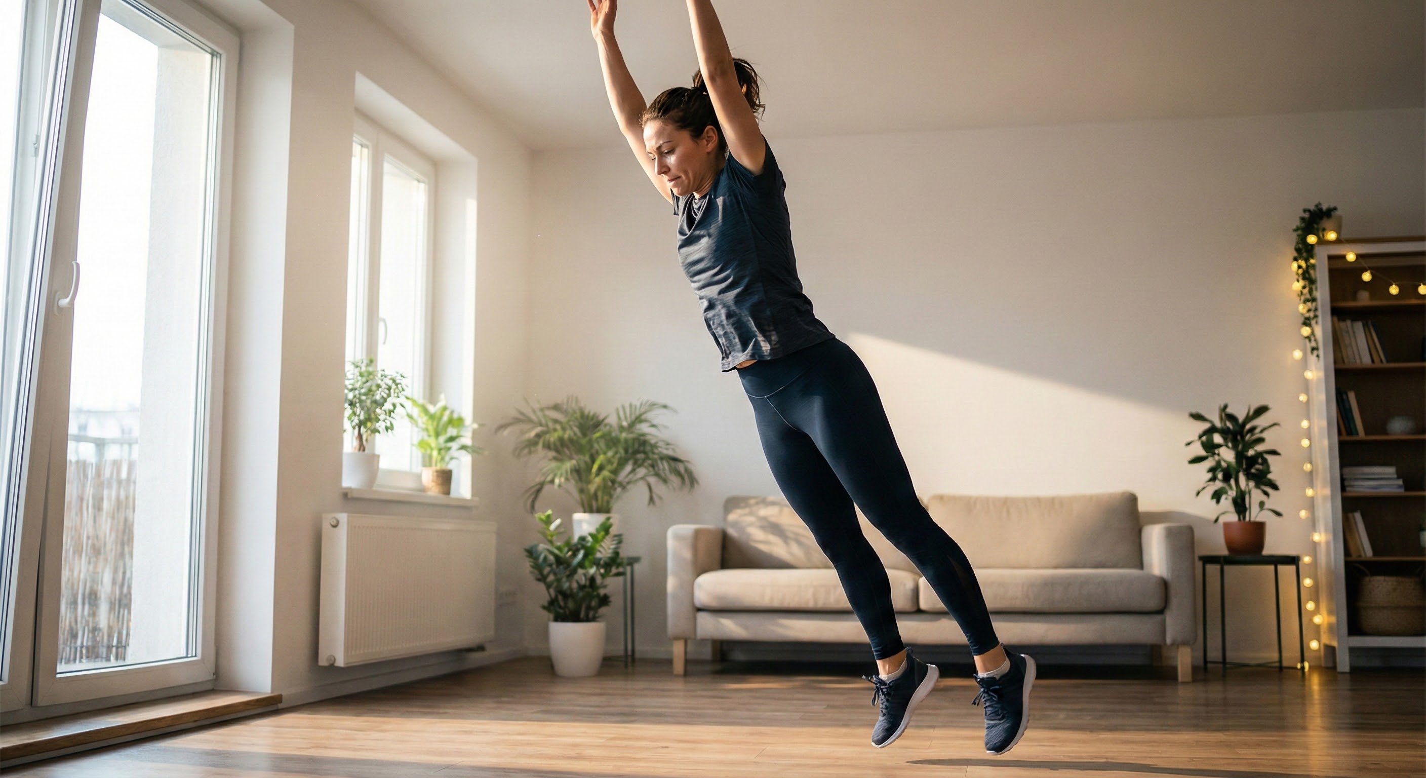 Person performing burpee in the explosive jump phase, demonstrating proper HIIT exercise form