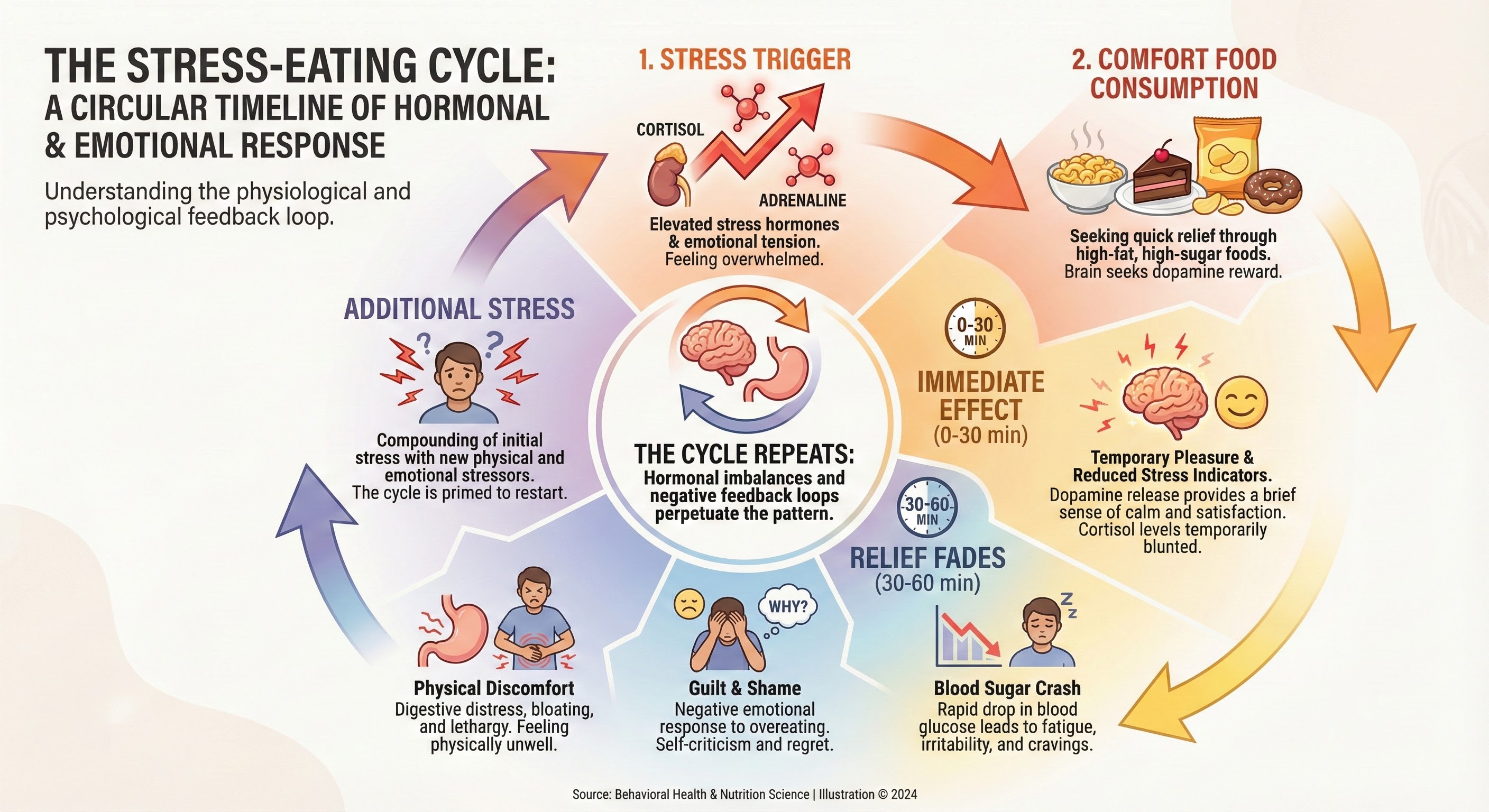 Timeline showing stress relief from comfort food lasting only 15-30 minutes before stress returns