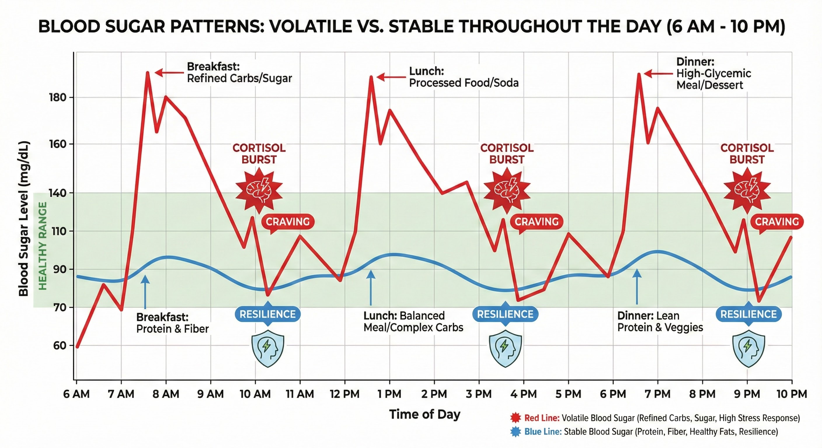 Comparison of blood sugar patterns showing stable versus volatile curves and their effects on stress eating