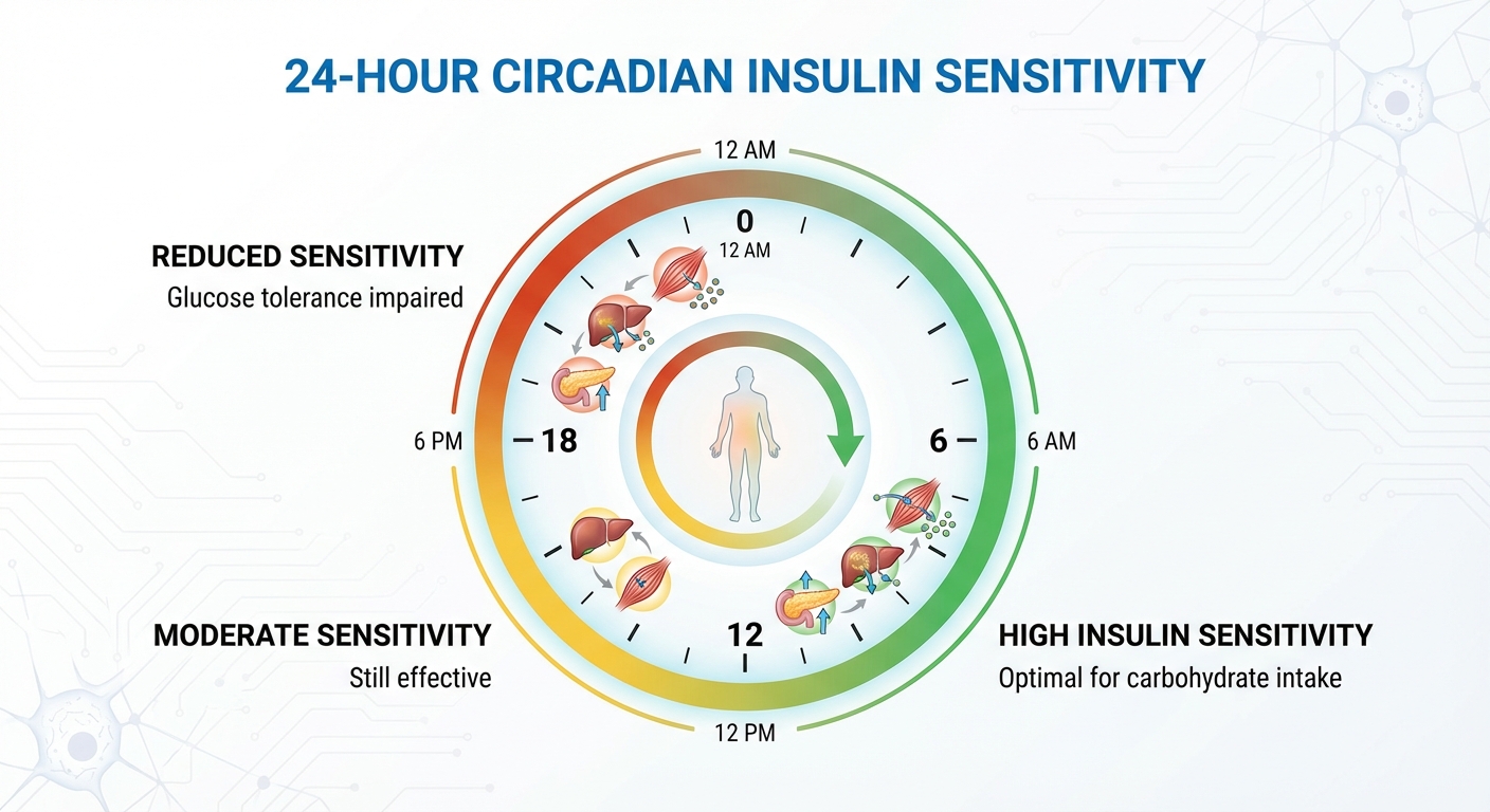 Diagram showing circadian rhythm of insulin sensitivity throughout a 24-hour period