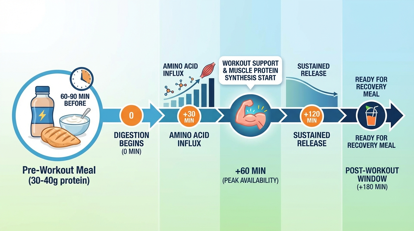 Timeline showing how pre-workout protein extends amino acid availability through the workout and post-workout period