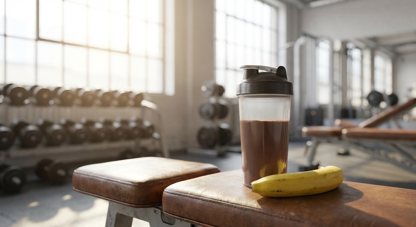Protein shake and banana on gym bench beside dumbbells, representing post-workout nutrition choices