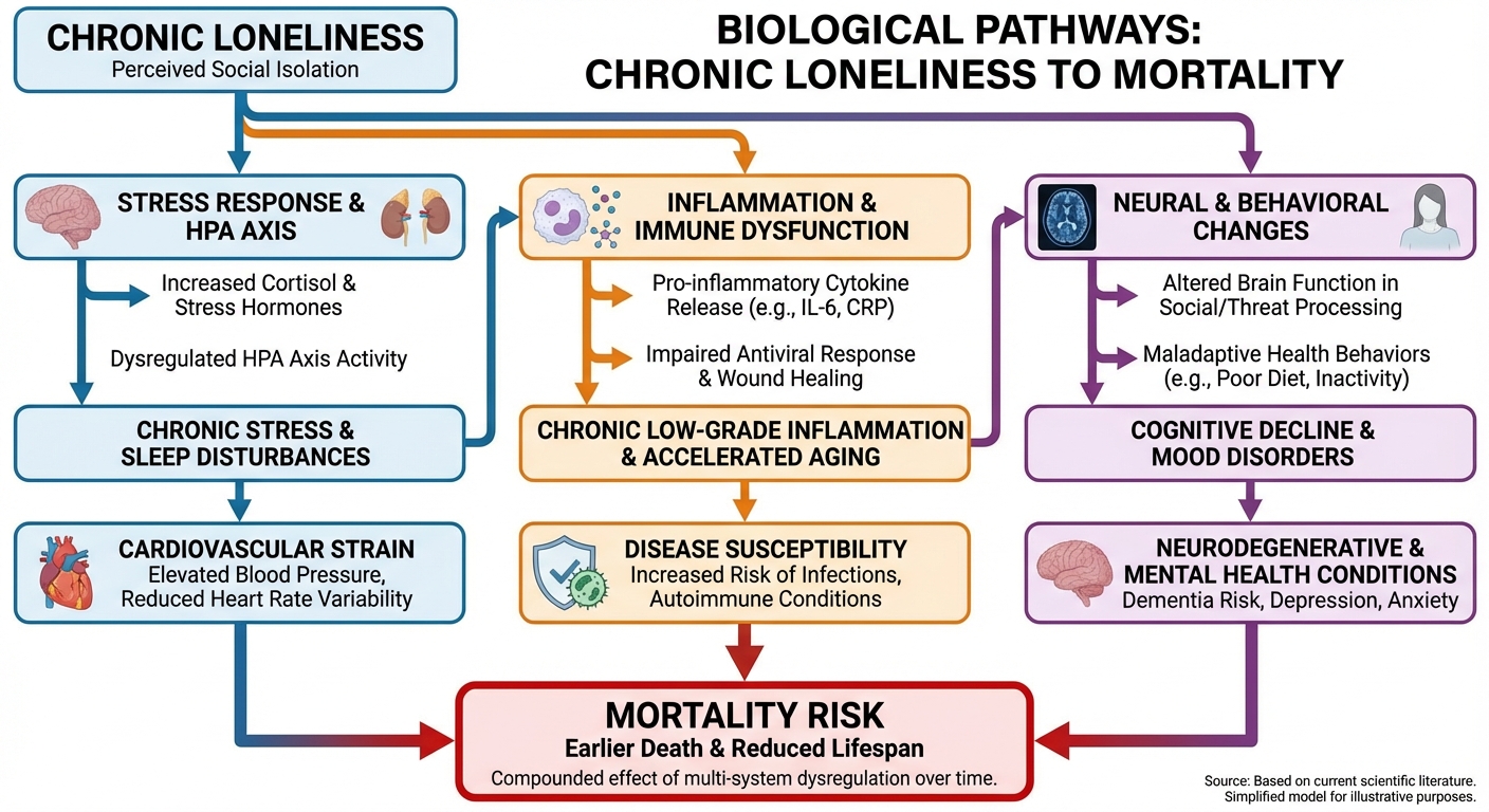 Infographic showing biological pathways from loneliness to mortality including HPA axis, inflammation, and cardiovascular effects