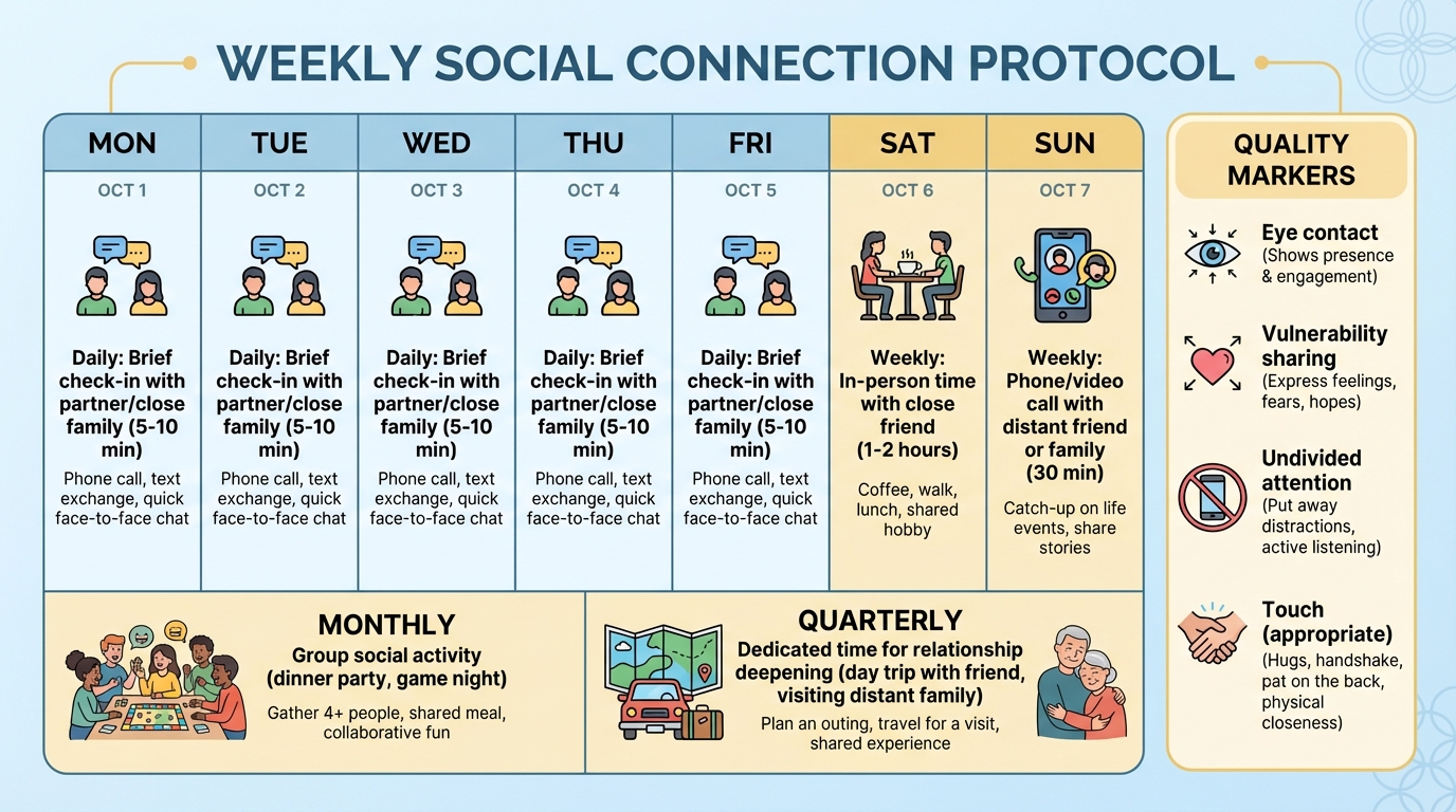 Weekly social connection protocol showing recommended frequency and types of social interaction