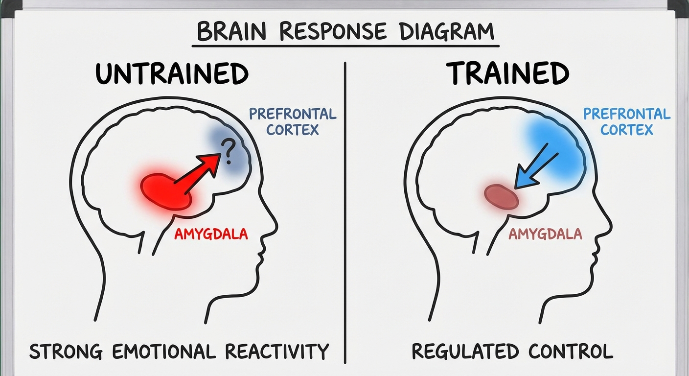 Brain diagram showing prefrontal cortex regulation of amygdala during meditation practice