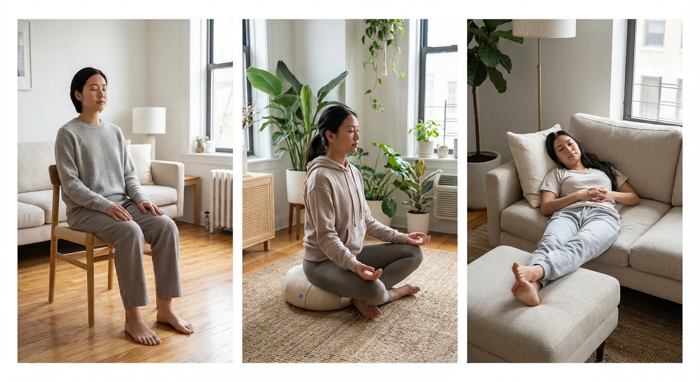 Three comfortable meditation positions showing chair sitting, cushion sitting, and reclined options