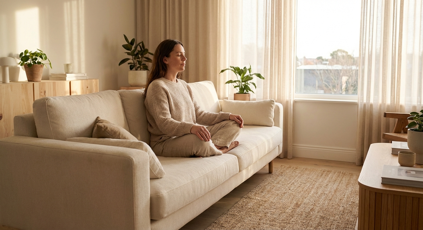 Person sitting comfortably with eyes closed practicing a brief morning meditation with soft natural light