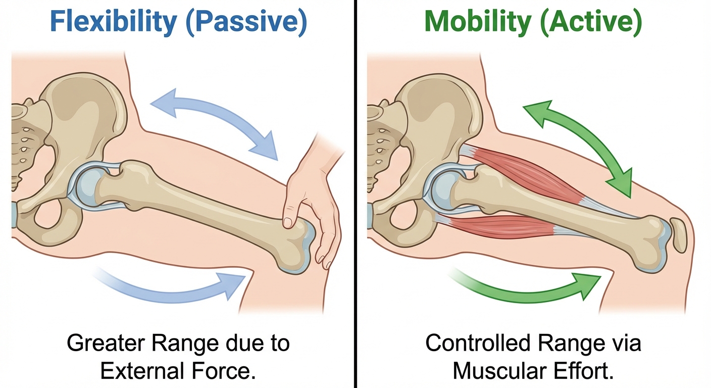 Diagram comparing passive flexibility range versus active mobility range at the hip joint
