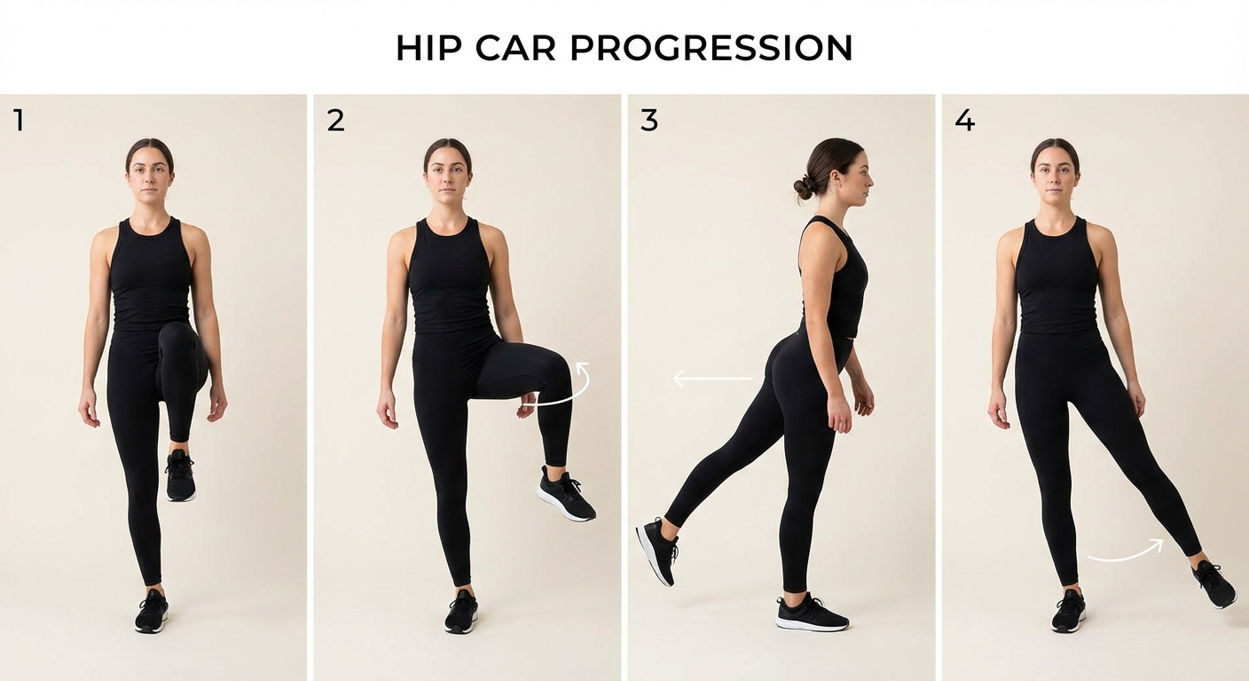 Person demonstrating hip controlled articular rotation sequence in four stages