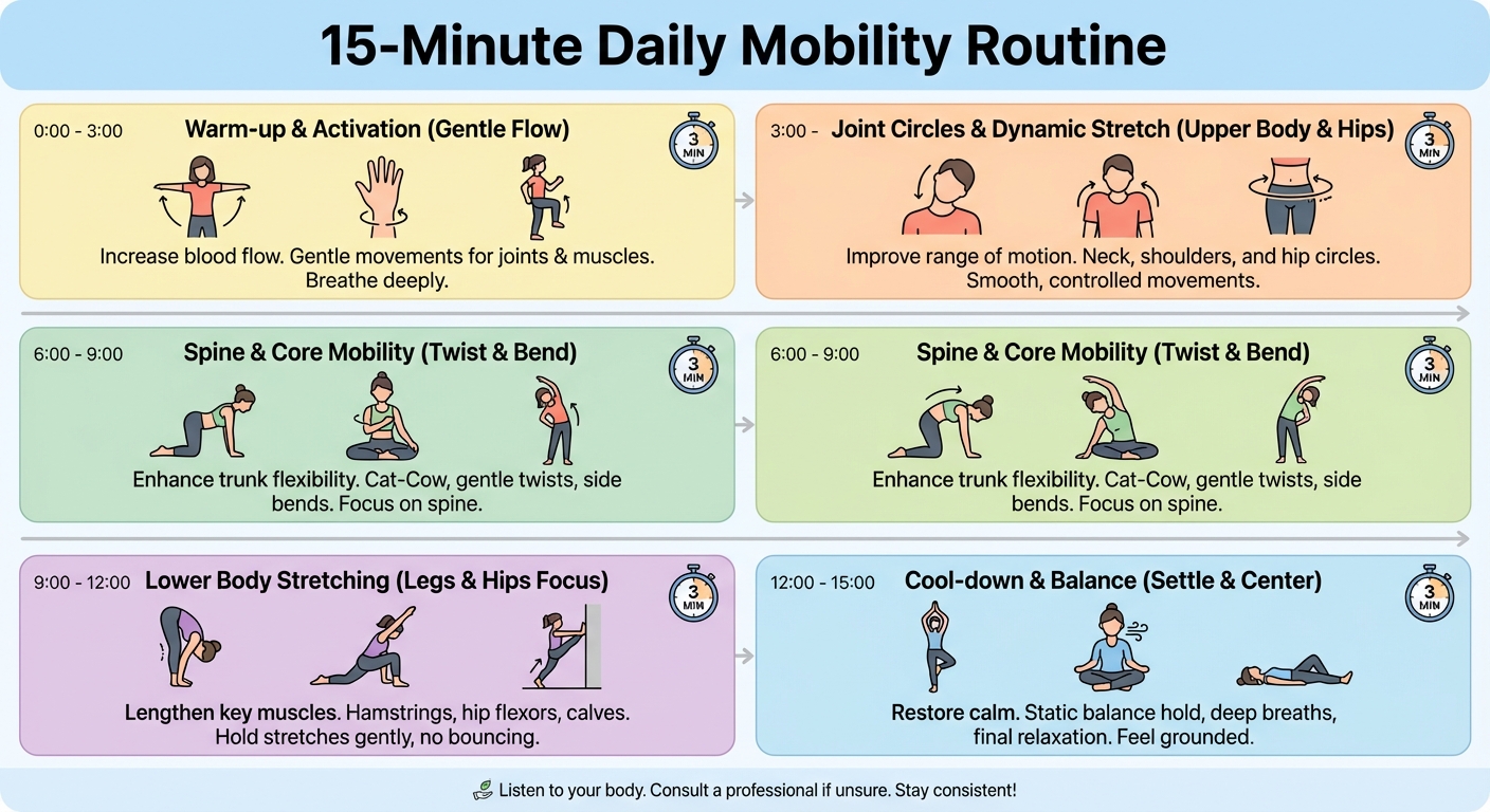 Infographic showing the complete 15-minute daily mobility routine with time allocations