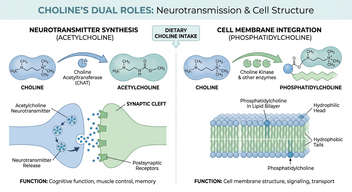 Diagram showing choline's role in acetylcholine synthesis and brain cell membrane structure