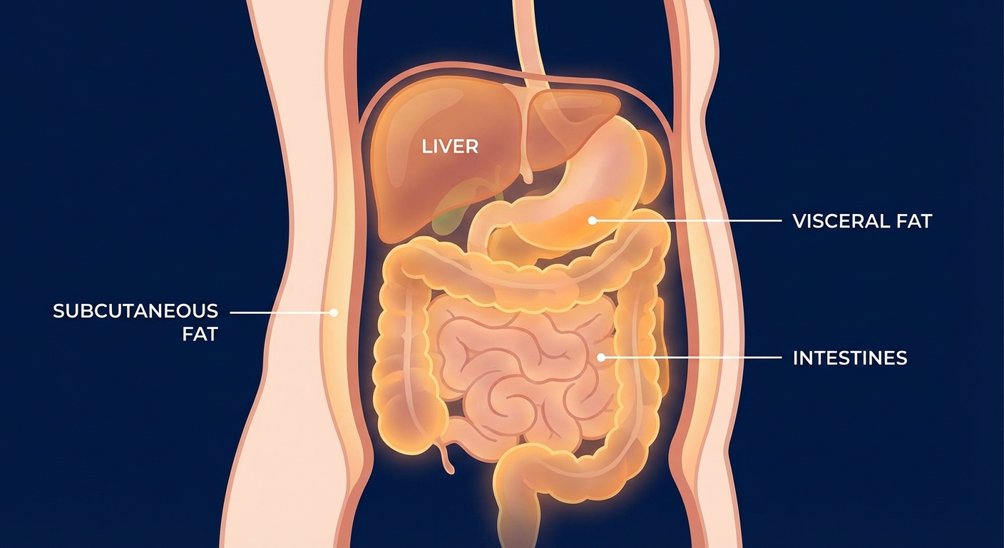 Cross-section medical illustration showing visceral fat surrounding internal organs in the abdominal cavity