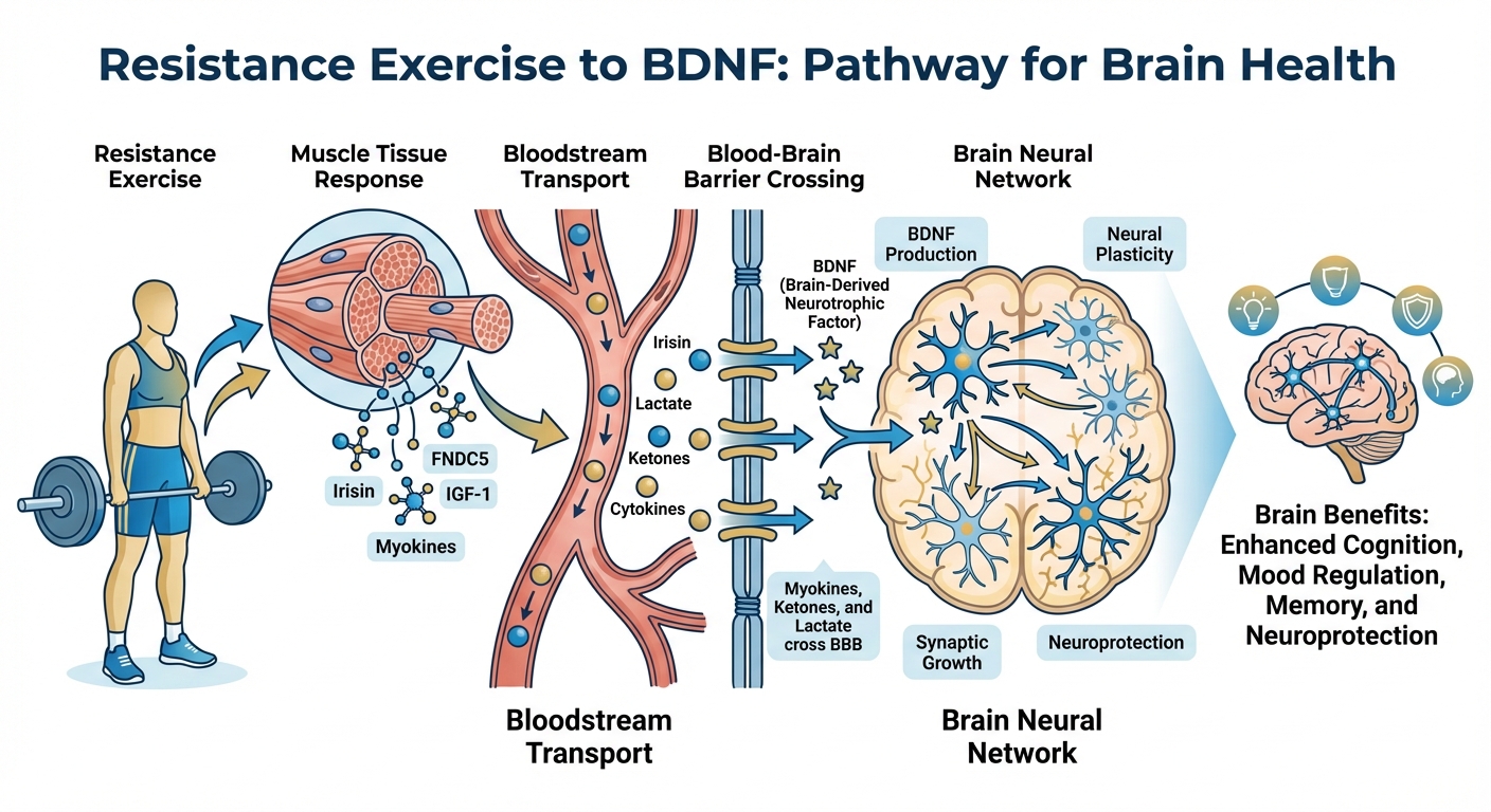 Infographic showing BDNF release pathway during resistance training