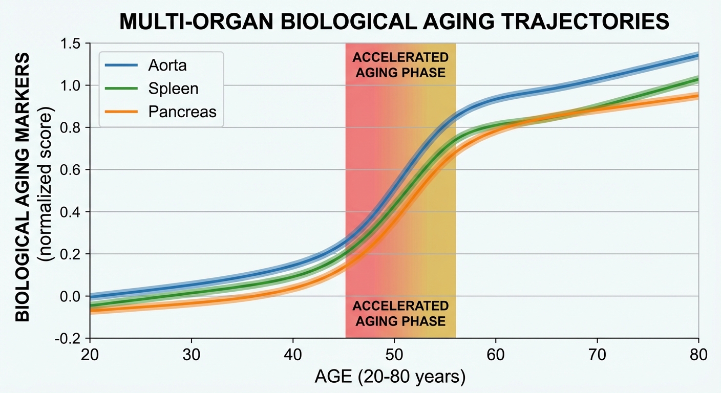 Graph showing acceleration of biological aging markers between ages 45-55