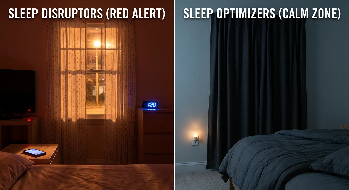 Split comparison showing bedroom with light pollution versus optimized dark sleep environment