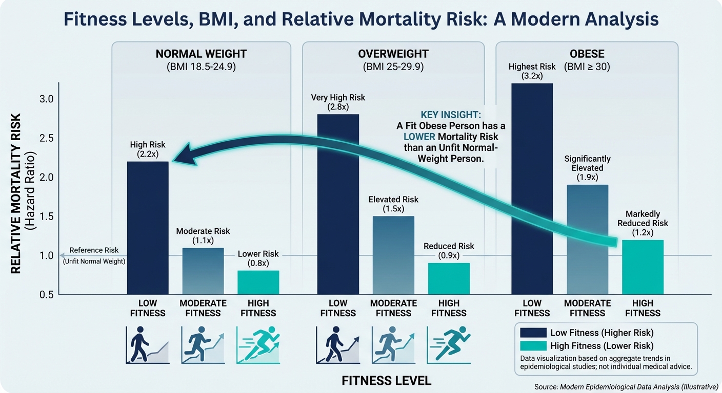 Infographic showing mortality risk reduction across fitness levels regardless of body weight
