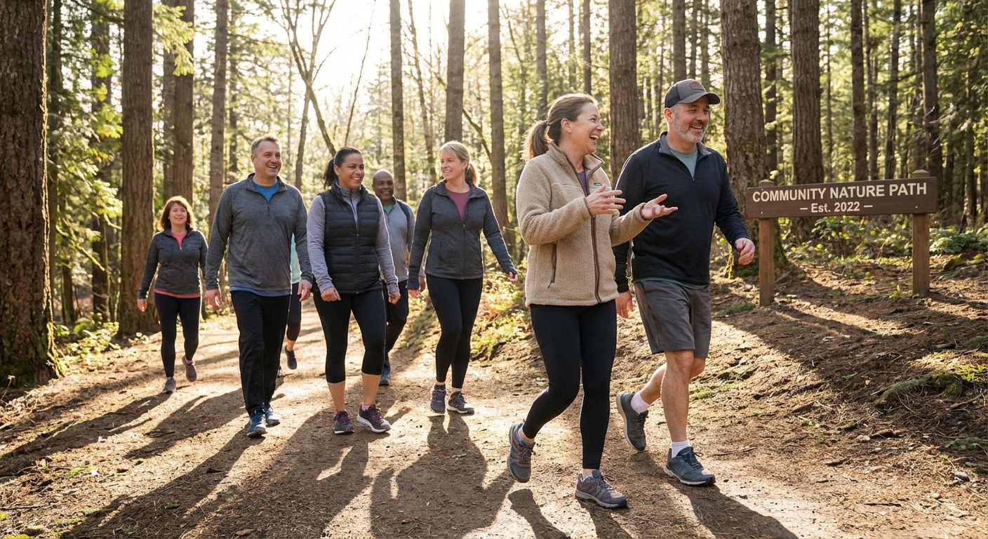 Person performing moderate intensity walking exercise on a trail, demonstrating accessible fitness