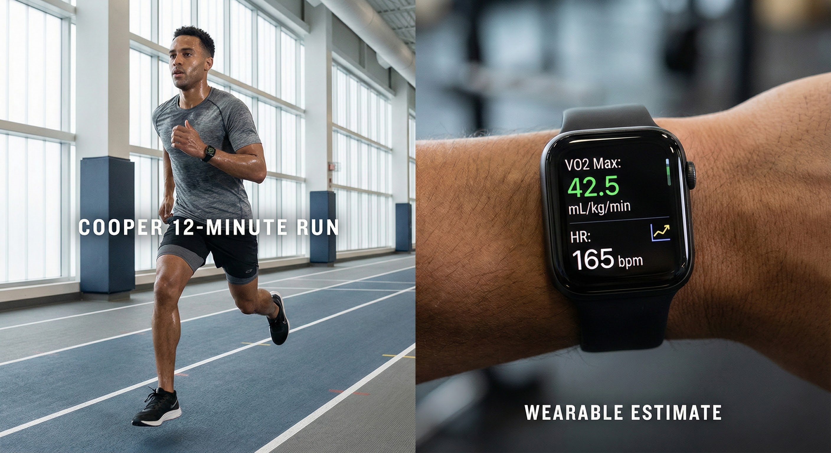 Split comparison showing person running for Cooper test and smartwatch displaying VO2 max estimate of 42.5 mL/kg/min