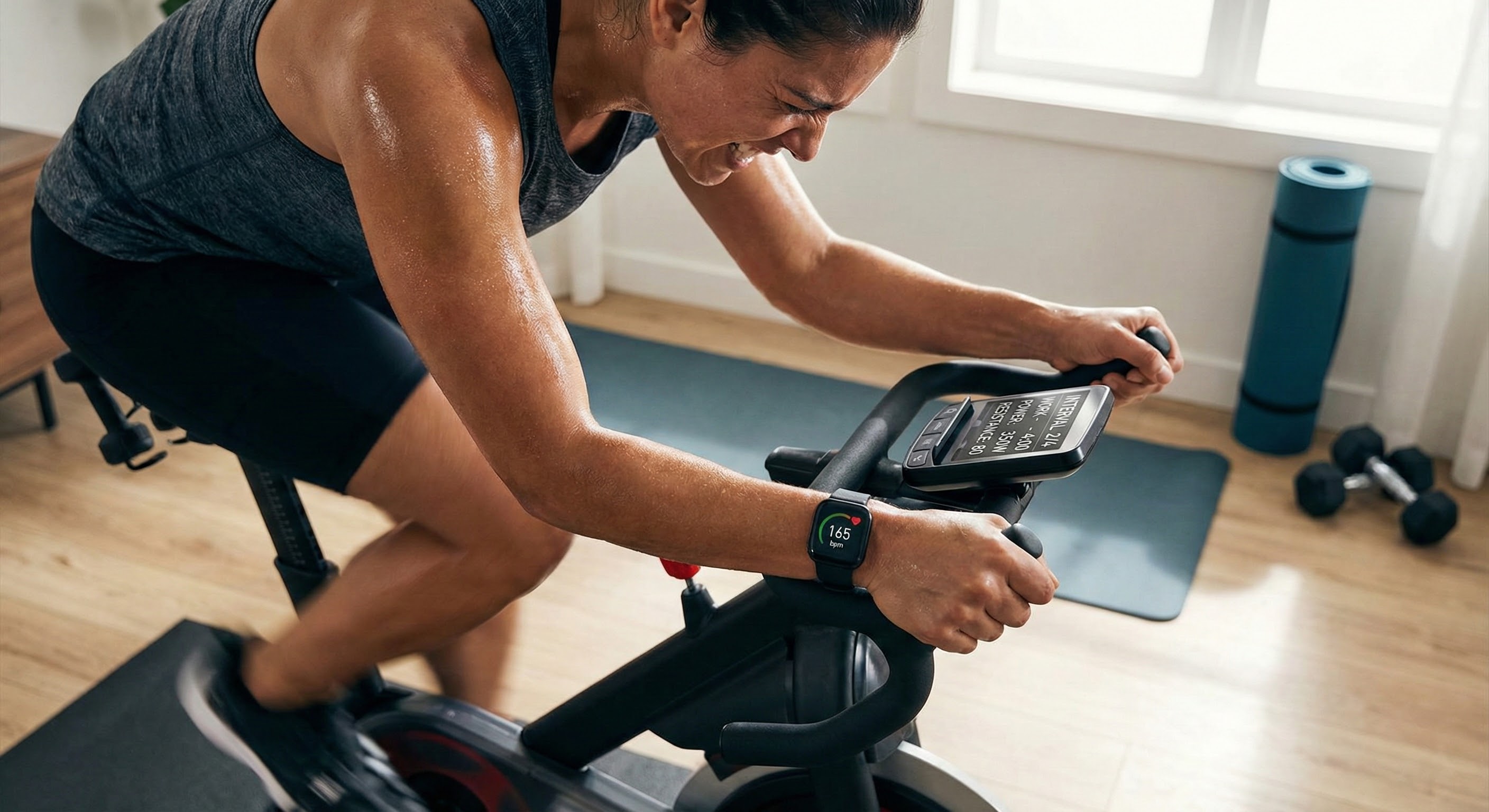 Person performing high-intensity interval training on stationary bike showing visible exertion with heart rate monitor displaying 165 bpm