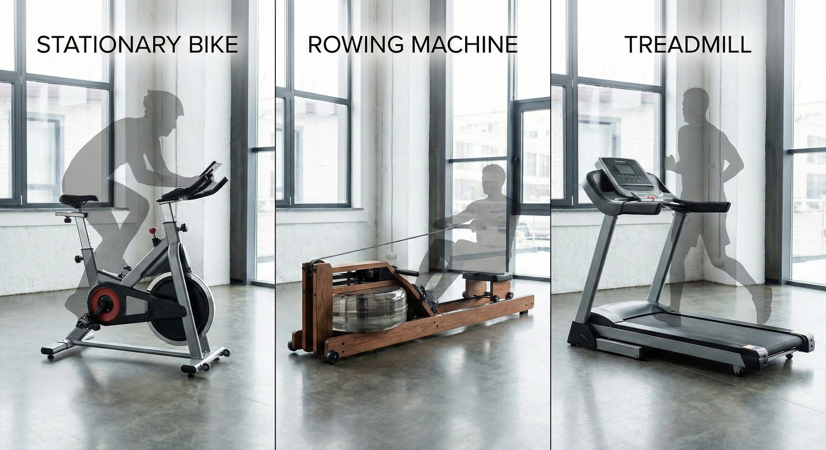 Side-by-side comparison of three indoor cardio equipment options: stationary bike, rowing machine, and treadmill