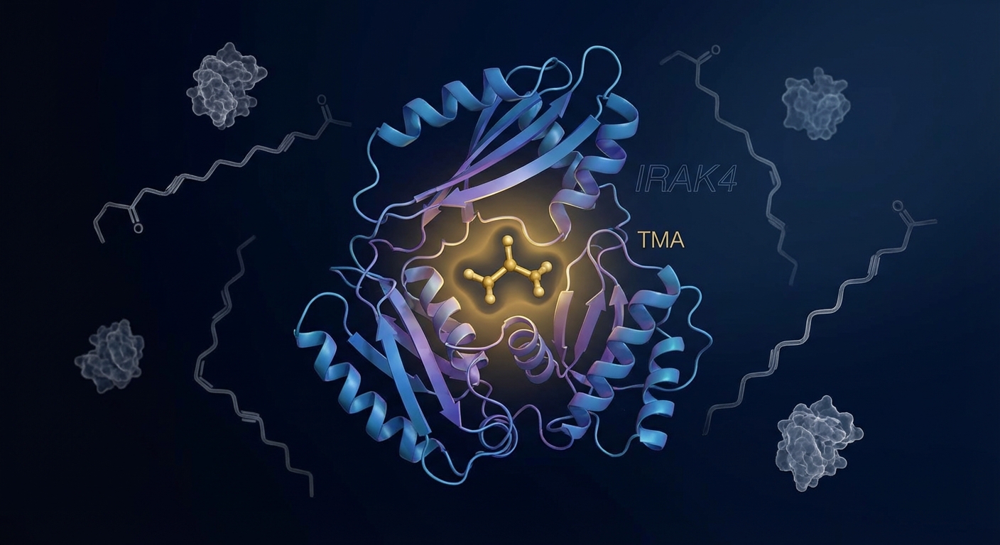 3D molecular rendering of TMA binding to IRAK4 protein, blocking its inflammatory activity