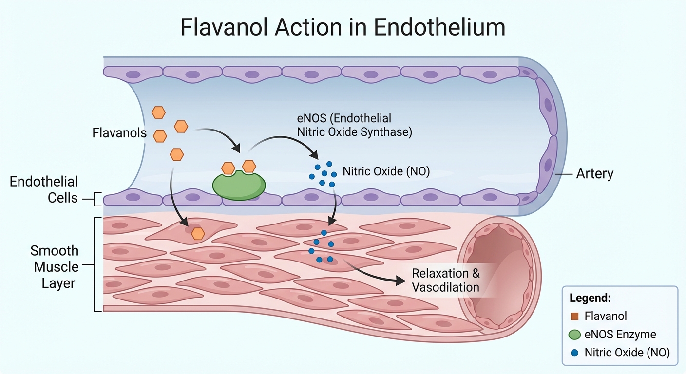 Molecular diagram showing how flavanols enhance nitric oxide production in blood vessel endothelium