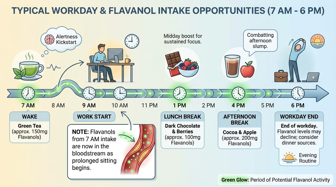 Timeline showing optimal flavanol intake pattern throughout a typical workday