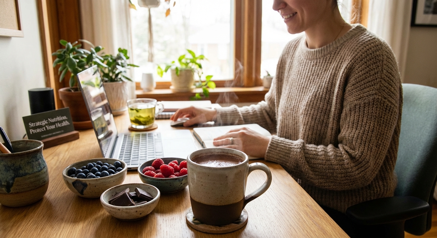 Person at desk with cup of cocoa and healthy snacks, showing contrast between sedentary work and vascular protection