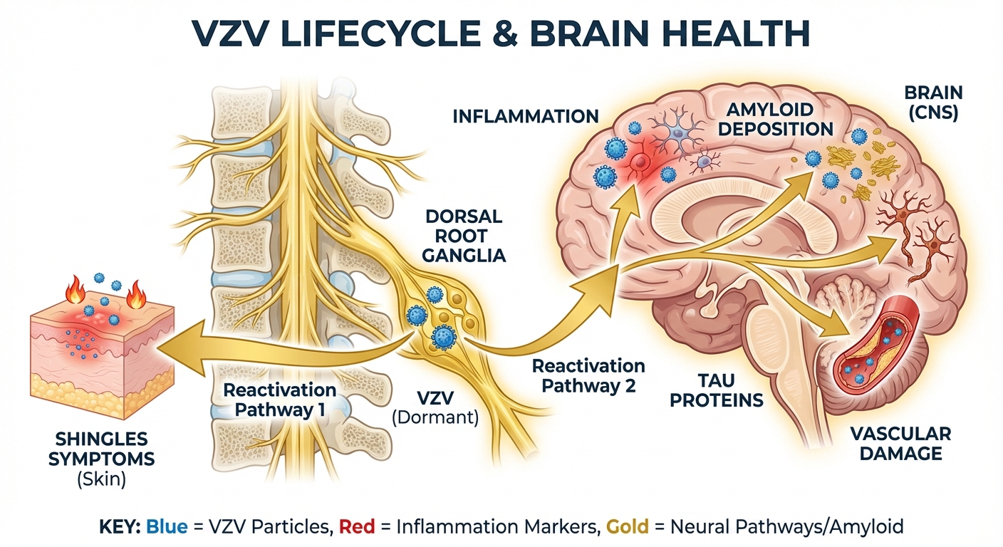 Diagram showing varicella-zoster virus dormancy in nerve cells and reactivation pathways