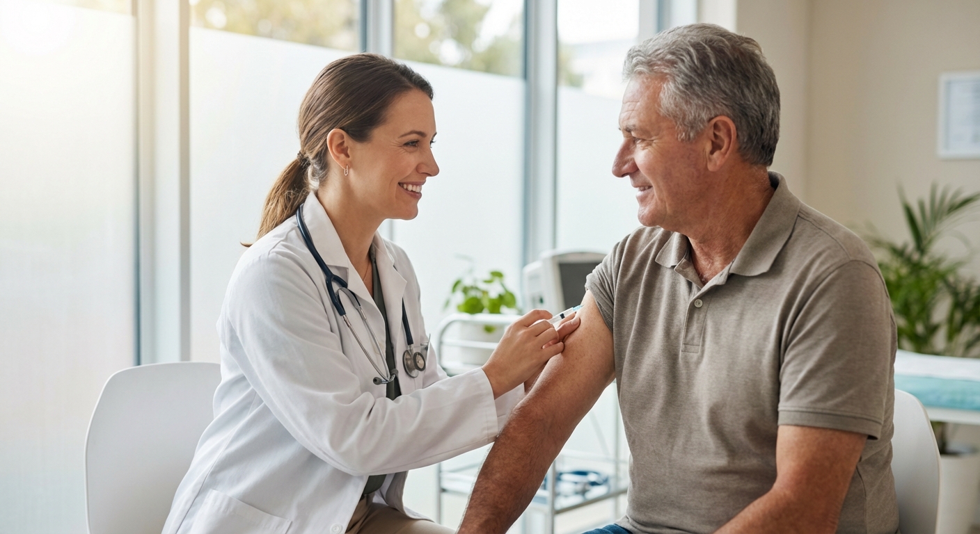 Healthcare professional administering shingles vaccine to an older adult