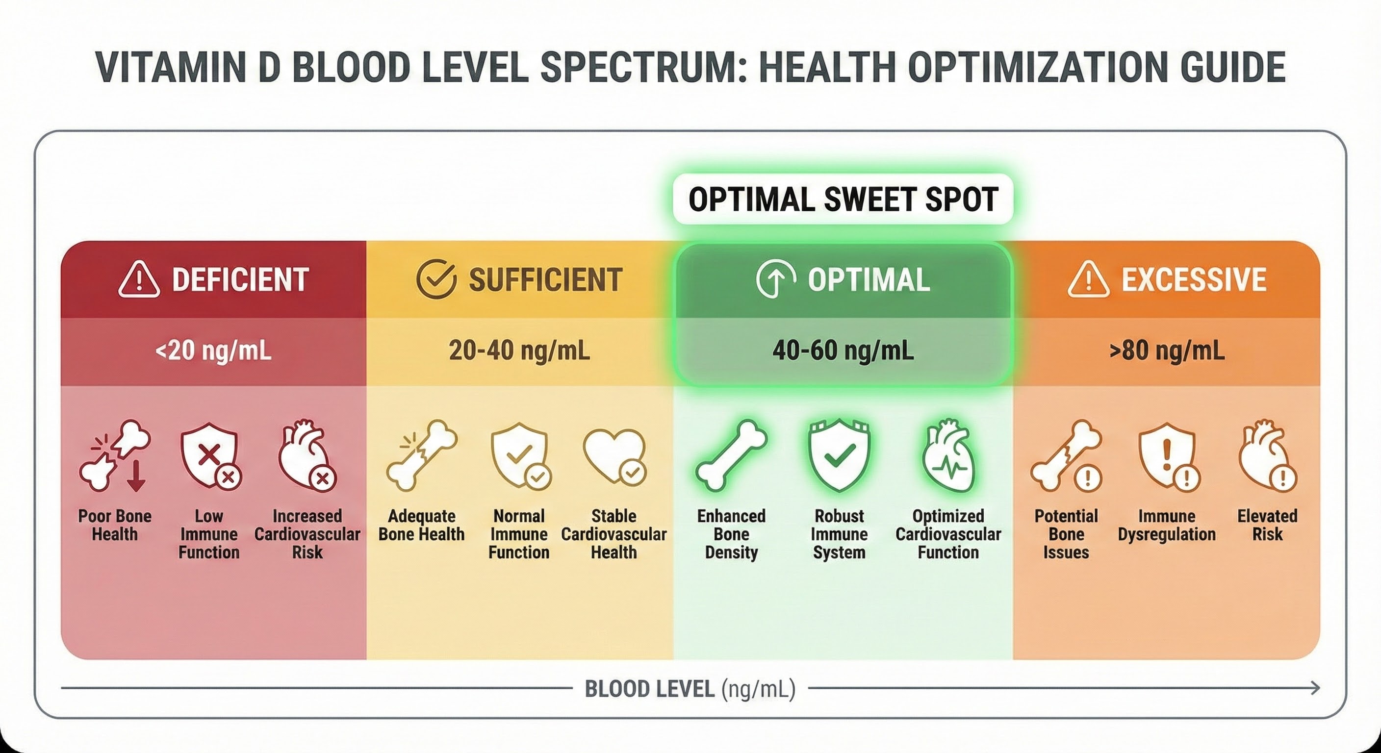 Vitamin D blood level spectrum infographic showing ranges from deficient to optimal with health outcome indicators