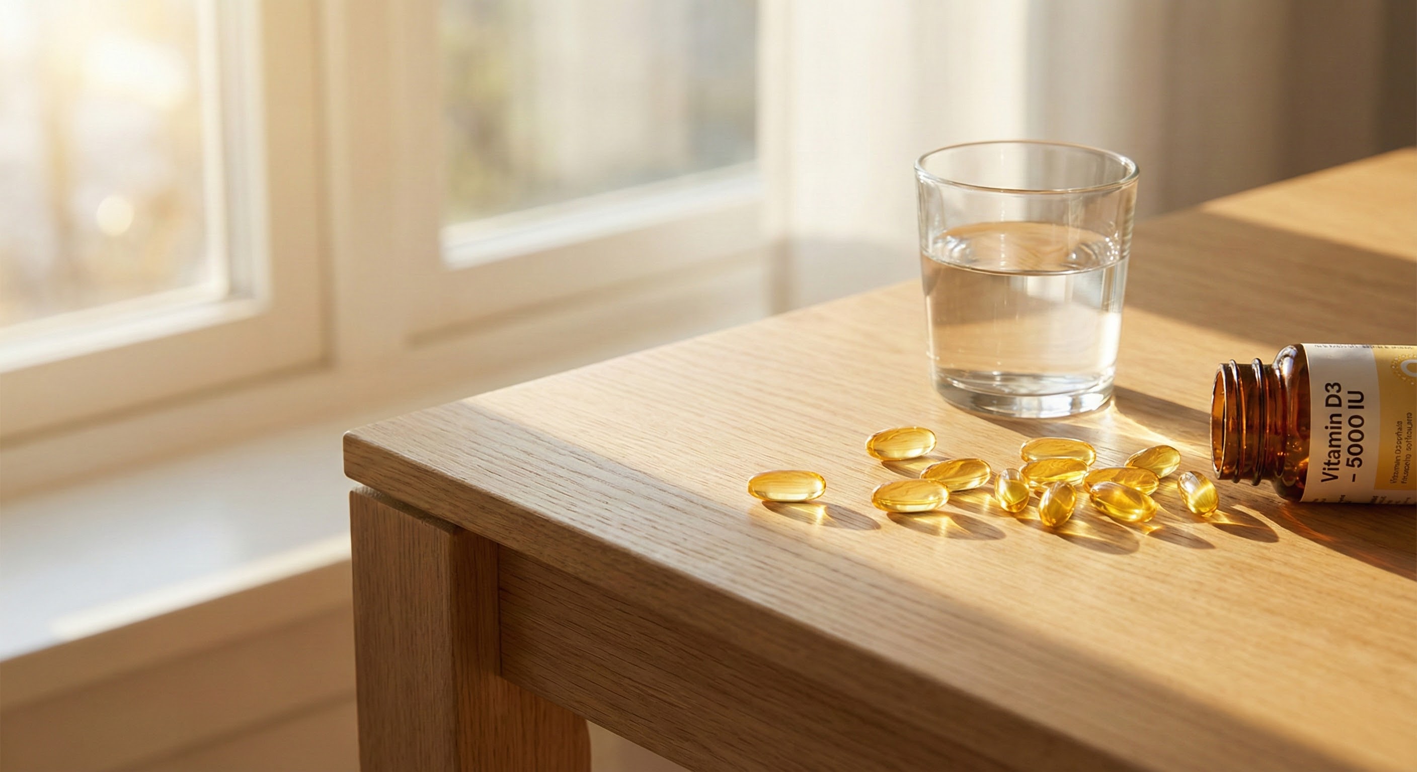 Vitamin D3 supplement capsules with sunlight streaming through window, highlighting natural vitamin D synthesis and supplementation