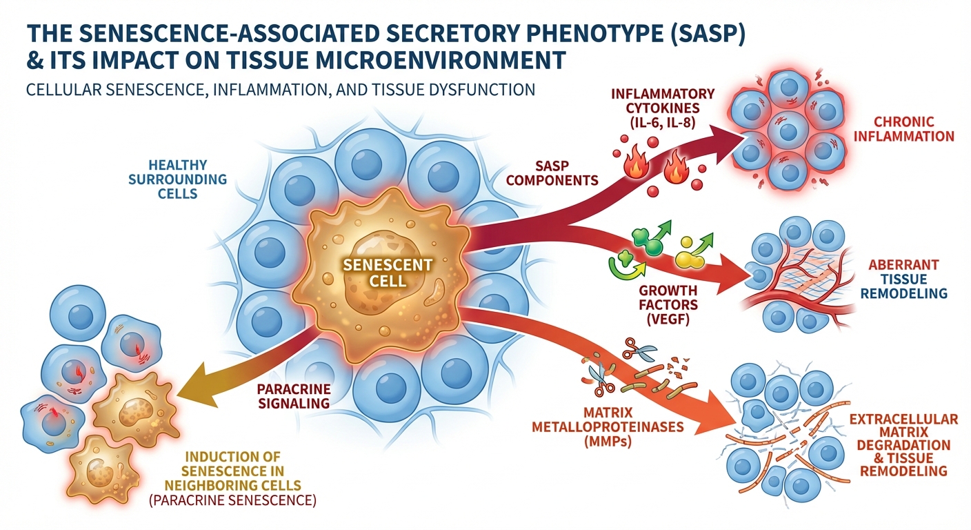 Infographic showing the SASP secretory phenotype and its effects on surrounding tissue