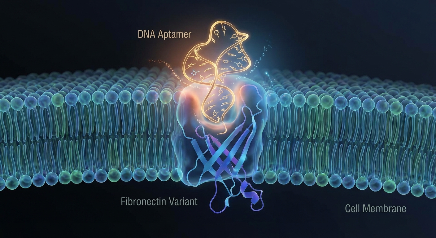 Molecular structure showing aptamer binding to fibronectin variant on senescent cell surface