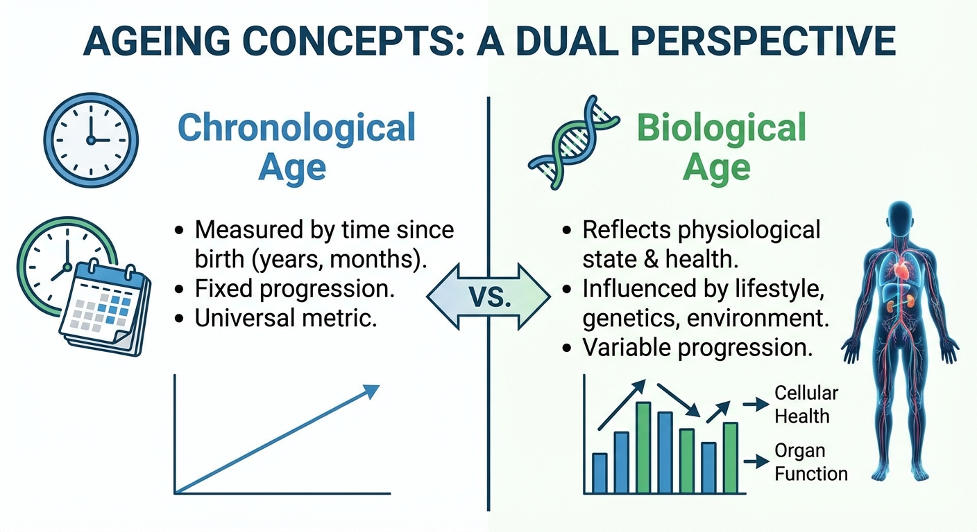 Infographic comparing chronological age versus biological age with lifestyle factors