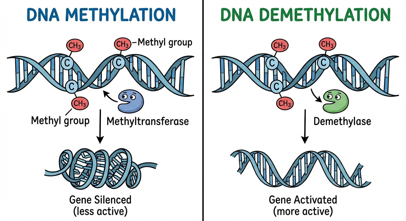 Scientific diagram showing DNA methylation and telomere length as biological aging markers