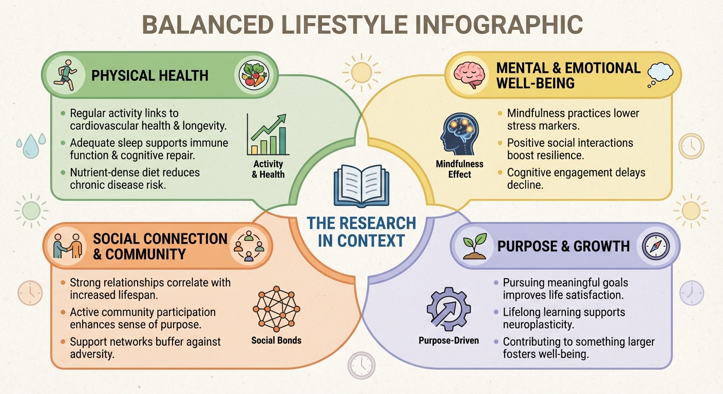 Balanced approach infographic showing moderate dark chocolate as part of healthy lifestyle