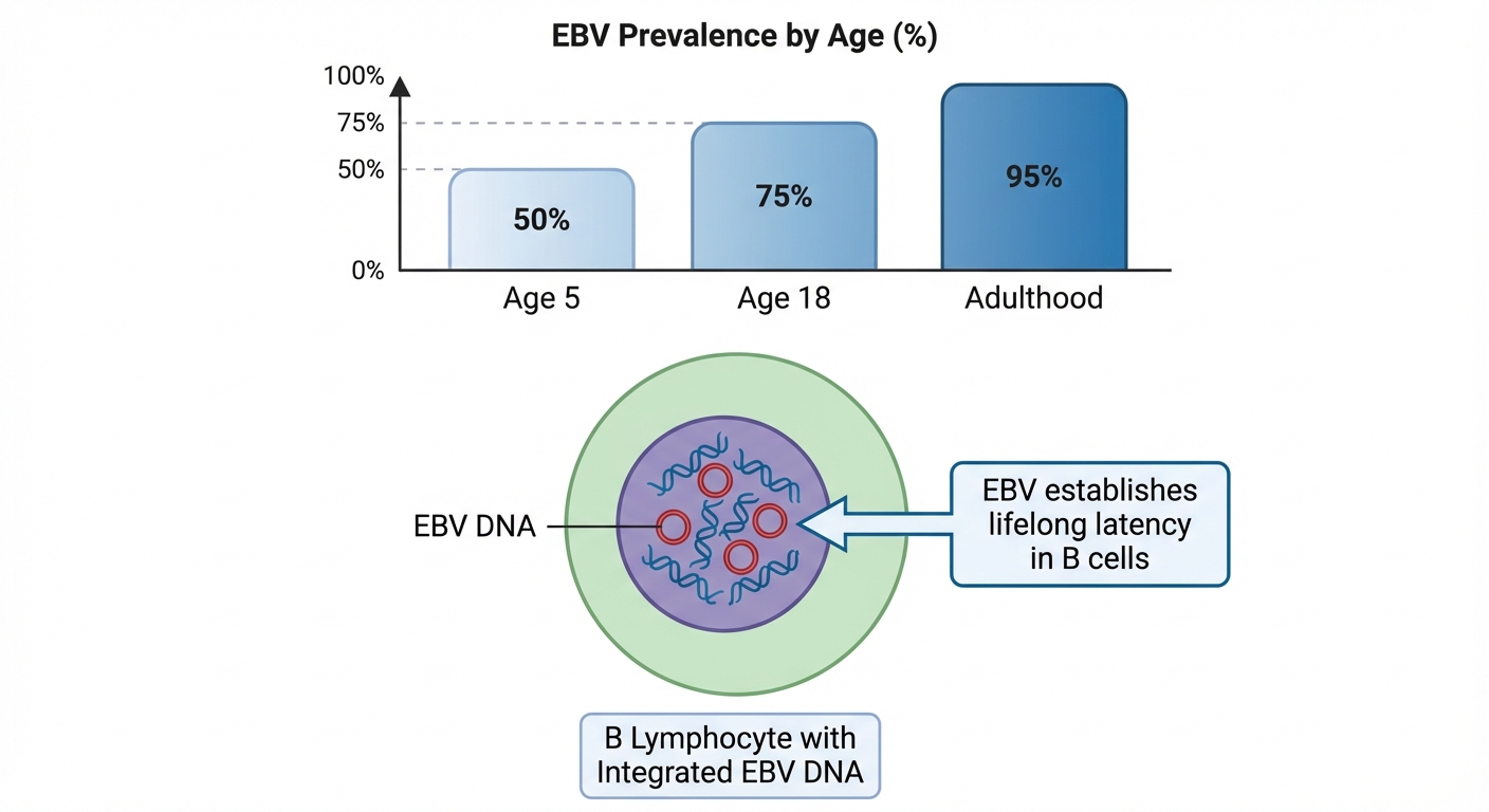 Infographic showing EBV prevalence and dormancy statistics across age groups