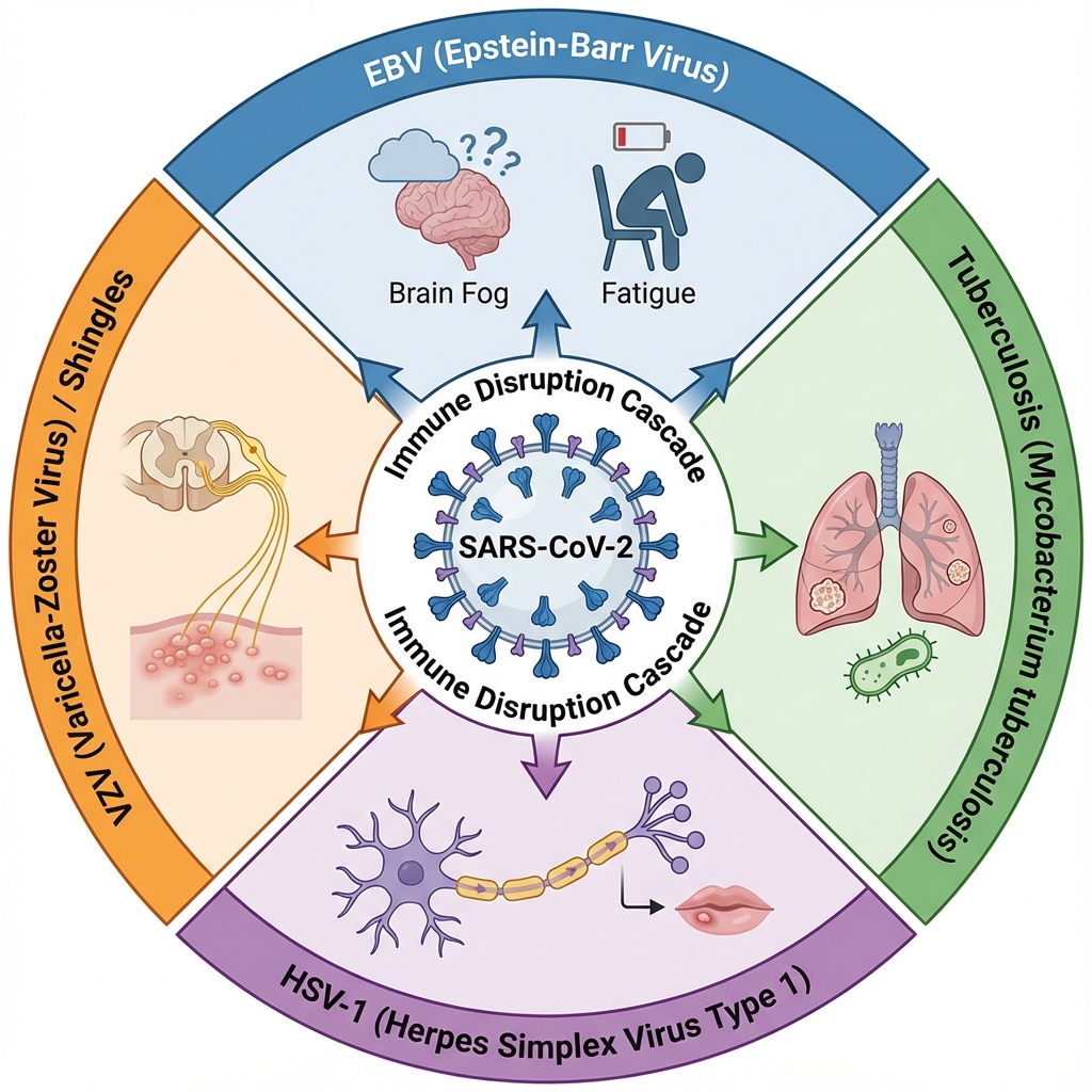Diagram showing multiple dormant infections that may reactivate during COVID immune disruption