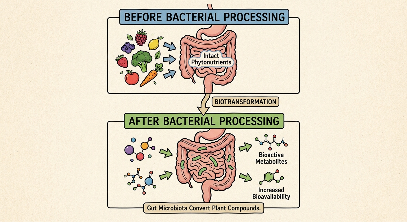 Diagram showing plant compound transformation by gut bacteria before absorption