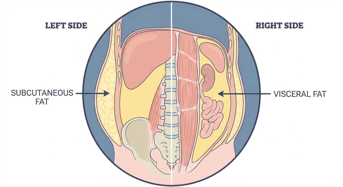 Cross-sectional MRI comparison showing subcutaneous fat versus visceral fat distribution