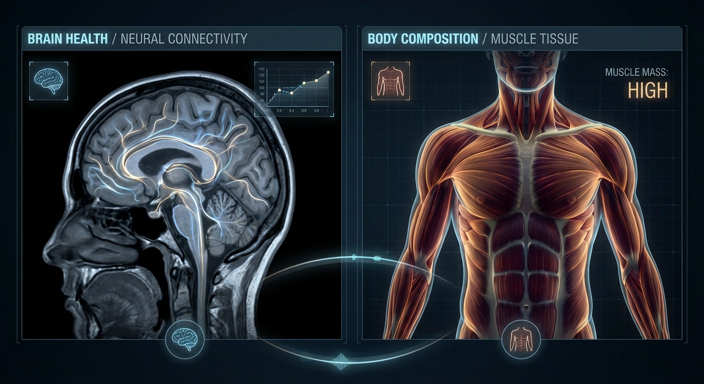 Split visualization showing MRI brain scan alongside muscular athletic body composition