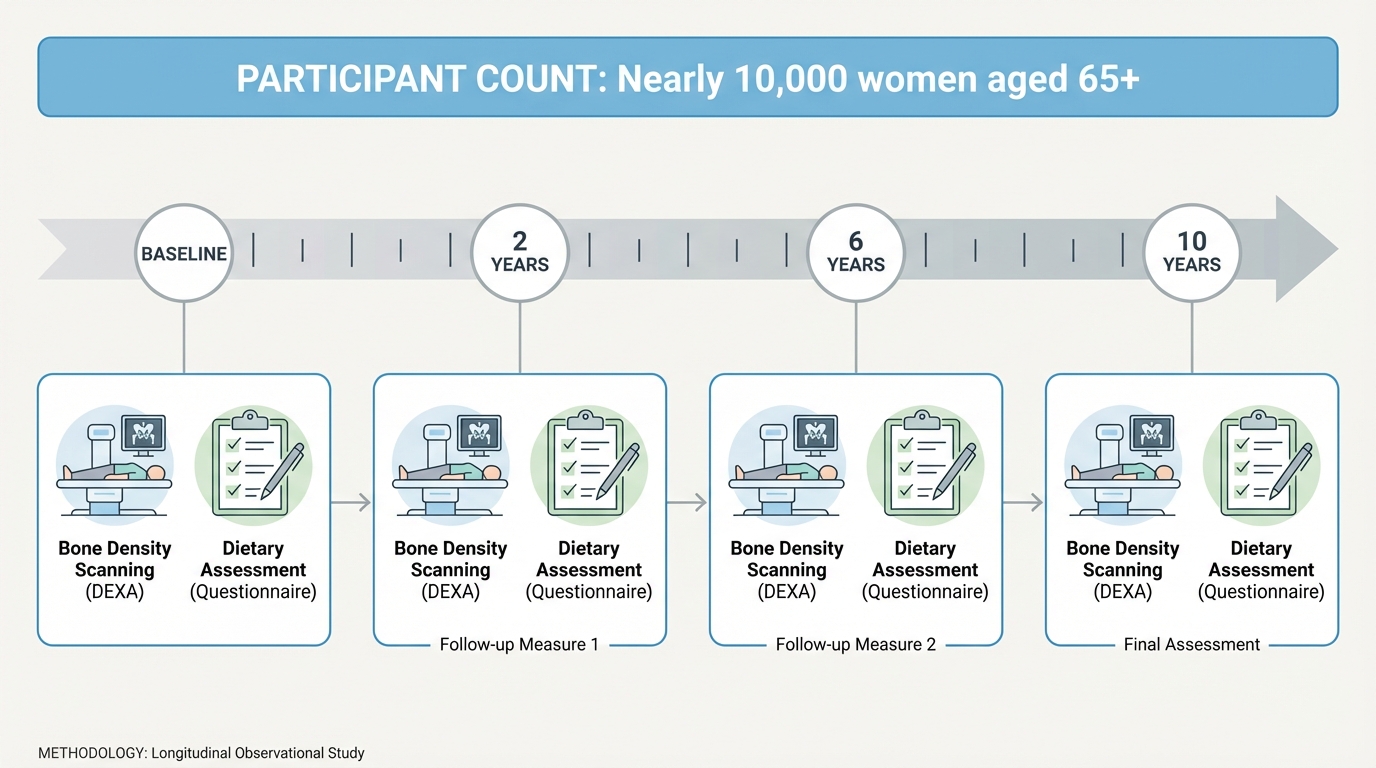 Infographic showing study design with 10-year timeline and measurement intervals
