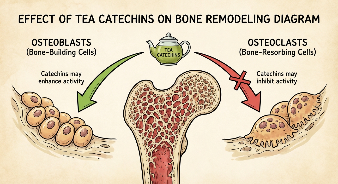 Diagram showing catechins from tea affecting bone cells and bone remodeling balance