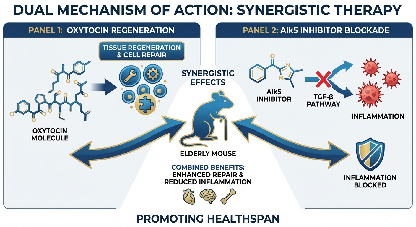 Diagram showing oxytocin and Alk5 inhibitor mechanisms of action on aging pathways