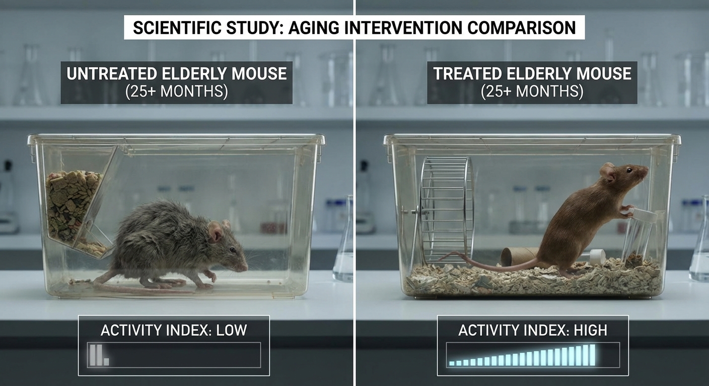 Comparison of treated versus untreated elderly mice showing activity and vitality differences