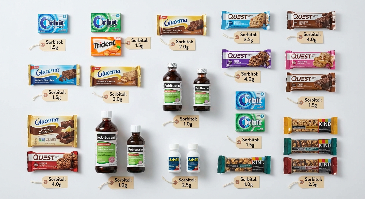 Array of common sugar-free products including gum, candy, protein bars, and medications